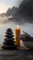 Zen spa composition with stacked stones, burning candle and lavender bowl on wooden surface against misty mountain landscape for wellness and relaxation.