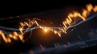 Financial market data visualization with glowing golden charts and trading graphs showing upward trends for investment analysis and business growth strategies.