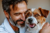 Joyful moment between mature bearded man and adorable Jack Russell terrier dog sharing loving embrace and genuine smiles in warm natural lighting.