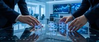 Business professionals analyzing digital data with holographic interface displaying financial charts and analytics in modern corporate office environment.