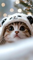 Adorable cat wearing panda style winter hat with bokeh lights background, close up portrait showing big eyes and cute expression. Winter holiday mood.