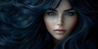 Young woman with intense blue eyes and flowing dark hair against dark background, dramatic lighting enhances ethereal beauty and mysterious atmosphere.