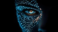Mystical close-up of glowing blue eye with luminous dots pattern on dark skin, creating magical ethereal effect for fantasy and spiritual concepts.
