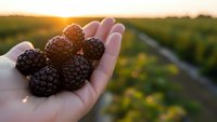 Fresh ripe blackberries in cupped hands during golden hour sunset at berry farm with rows of plants creating warm agricultural harvest scene.