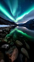 Spectacular aurora borealis dancing over mountain lake with green lights reflecting in calm water and rocky shoreline under starry night sky.