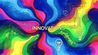 Colorful abstract technology background with flowing waves, circuit patterns and lightbulb icons representing digital transformation and creative solutions.