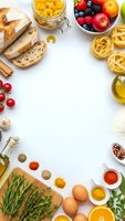 Fresh ingredients frame with pasta, bread, fruits, vegetables, herbs and spices on white background. Cooking and meal preparation concept for recipes.