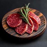 Sliced salami with fresh rosemary on wooden cutting board. Gourmet charcuterie meat appetizer for culinary presentations and food photography.