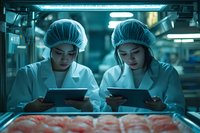 Two female Asian scientists in protective workwear and hairnets examining digital tablets while working in modern laboratory with blue lighting, quality control in food industry.
