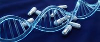 DNA double helix structure with medical capsules and pills integrated into genetic strand for pharmaceutical research and biotechnology applications.
