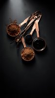 Copper measuring spoons filled with cocoa powder, vanilla beans and molasses on dark background for baking and cooking recipes.