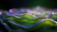 Abstract green waves with sparkling purple bokeh lights creating a dreamy underwater landscape effect against dark background.