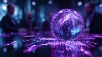 Glowing purple and blue holographic sphere with network connections floating above reflective surface against blurred background with bokeh lights.