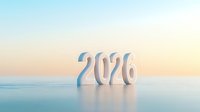 Minimalist number 2026 standing on reflective surface against pastel sunset sky background, creating modern futuristic atmosphere for calendar or business design.