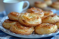 Freshly baked flaky French pastries with golden layers served on white plate with coffee cup in background, close up view of homemade puff pastry desserts.
