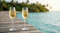 Two champagne flutes filled with sparkling wine on wooden dock overlooking turquoise tropical waters with palm trees for celebration and luxury vacation.