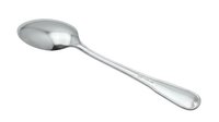 Stainless steel soup spoon with classic handle design isolated on white background for kitchen and dining product photography.