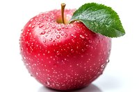 Fresh red apple with water droplets and green leaf isolated on white background, perfect for food advertising and healthy lifestyle concepts.