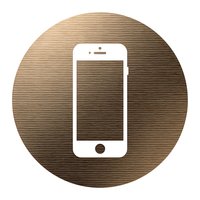 White smartphone icon on bronze metallic circular background with brushed texture finish for modern digital communication and technology applications.