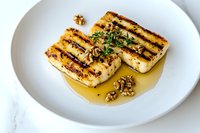 Grilled halloumi cheese with honey drizzle, fresh herbs and crushed walnuts served on white plate, golden char marks visible. Food photography on marble surface.