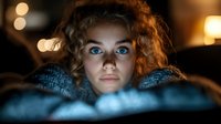 Young woman with bright blue eyes and curly hair illuminated by digital screen glow in dark room, dramatic lighting creates mysterious nighttime atmosphere.