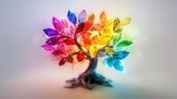 Vibrant rainbow-colored crystal tree with glowing translucent leaves in spectrum colors against soft gray background, magical nature concept for spiritual and wellness designs.
