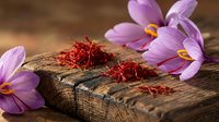 Dried saffron threads and fresh crocus flowers on rustic wooden surface, showcasing the world's most precious spice in natural setting.