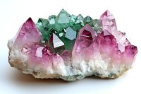 Natural watermelon tourmaline crystal cluster showing vibrant pink and green colors with geometric crystalline formations on white quartz matrix, isolated on white background.