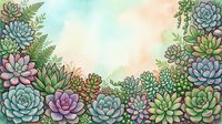 Watercolor succulent garden border with colorful echeveria and ferns framing a soft pastel background with copy space for text.