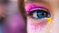 Vibrant eye makeup with pink and gold glitter eyeshadow, blue iris close-up view. Artistic beauty cosmetics with sparkles and shimmer effect for professional makeup.