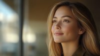Young Caucasian woman with blonde hair smiling gently while looking up at natural window light, soft focus portrait capturing genuine happiness and optimism.