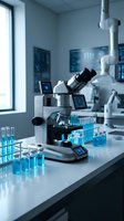 Modern laboratory microscope with blue test tubes on white counter in medical research facility for scientific analysis and experimentation.