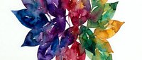 Watercolor leaves arranged in circular pattern with vibrant rainbow colors including blue, purple, red, pink, yellow and green on white isolated background, suitable for design projects.
