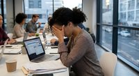 Stressed African American businesswoman holding head in hands at office desk with laptop during team meeting in modern workplace.