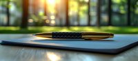 Elegant golden pen with textured grip resting on dark notebook against blurred natural background with sunlight bokeh, business writing concept.