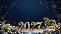 Festive New Year 2027 celebration with golden numbers, decorative sheep, snowflakes and sparkling lights on dark blue background for holiday greetings and seasonal designs.