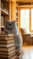 Adorable gray fluffy kitten wearing round glasses sitting on stack of books in cozy library with wooden shelves and warm natural lighting for education concepts.