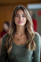 Young attractive woman with long wavy blonde hair wearing green sweater smiling warmly in casual indoor setting for lifestyle and portrait photography.