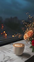 Cozy coffee cup with latte art on marble table, peach roses and bokeh lights in evening window background, creating romantic atmosphere for cafe marketing.