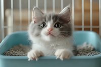 Adorable gray and white cat with big expressive eyes resting in turquoise litter box, looking up with curiosity. Close up portrait showing fluffy fur and pink nose.