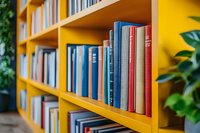 Books arranged on bright yellow wooden shelves in home library setting with decorative plants, showing spines in blue and red tones. Selective focus creates depth.