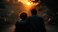Couple embracing at sunset on urban street with warm golden light creating romantic atmosphere for love and relationship concepts.