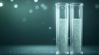 Two glass test tubes filled with sparkling silver particles on dark teal background with bokeh lights for laboratory research and scientific experiments.