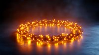 Glowing golden fairy lights arranged in circular shape on dark reflective surface creating magical atmosphere with smoke effect and warm illumination.