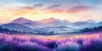 Panoramic mountain landscape with blooming lavender field at sunrise, purple flowers in foreground and misty peaks silhouettes against golden sky.