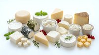 Assorted gourmet cheese collection with fresh herbs on white background. Dairy products including soft and hard cheeses for culinary and food photography.