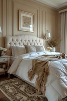 Elegant master bedroom interior featuring a luxurious tufted headboard, crisp white bedding, and neutral decor with classic wall moldings perfect for luxury real estate or interior design marketing.