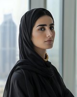 Young Middle Eastern woman wearing traditional black hijab and abaya with gold necklace, looking confidently against modern window background in business setting.