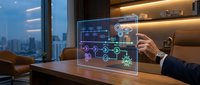 Professional businessman analyzing holographic financial data visualization with glowing charts and graphs in modern office environment at dusk.