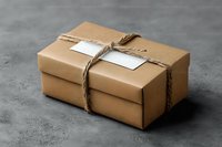 Kraft paper box tied with rustic twine and blank label on gray concrete background, minimalist packaging for eco-friendly delivery and gifting solutions.